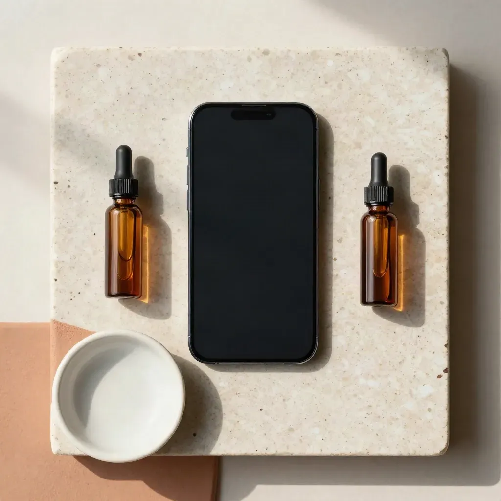 Flatlay dall’alto con smartphone, due fiale ambrate e una ciotola in ceramica su pietra.