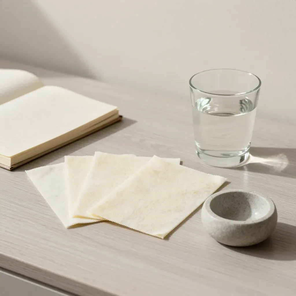 Tre cartine olfattive, quaderno in lino, bicchiere d’acqua e ciotola in pietra su legno chiaro.