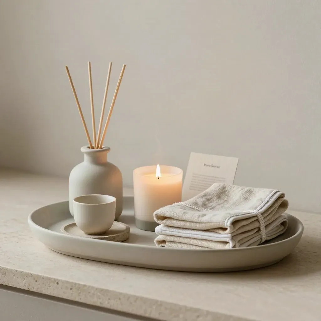 Vassoio benessere con candele, bastoncini profumati, asciugamani piegati e tazza in ceramica.