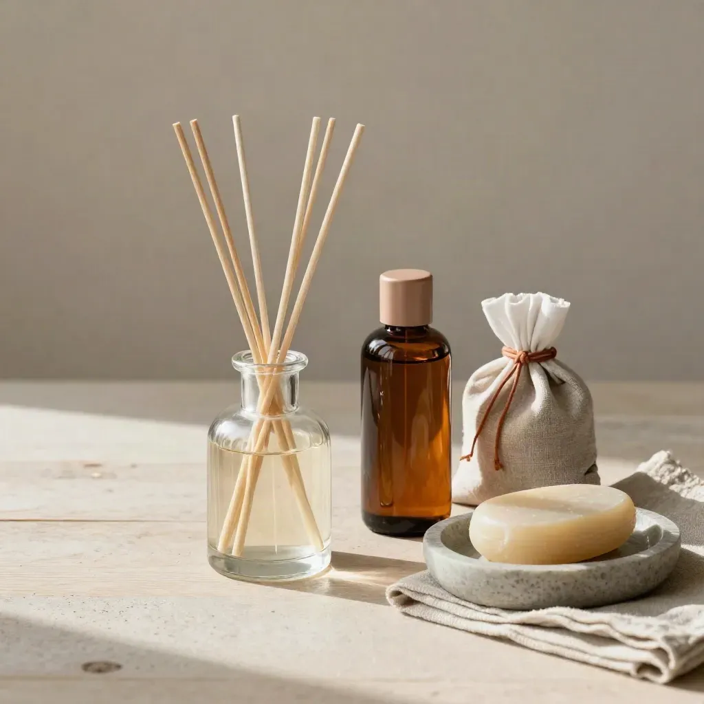 Diffusore, olio corpo, sacchetto in lino e portasapone in pietra su legno chiaro