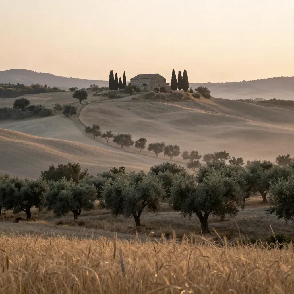 Colline toscane con cipressi, campi ocra e nebbiolina al tramonto.