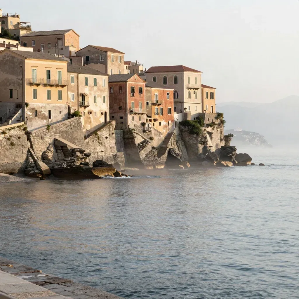 Scogliera ligure pastello sul mare al crepuscolo, con acqua calma e nebbia salmastra.