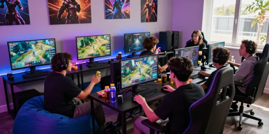Group of gamers discussing the rokok88 link in a vibrant gaming setup