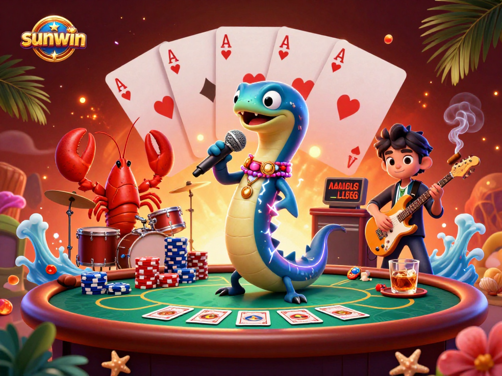 Engage with sunwin's electrifying casino atmosphere featuring a DJ eel, lobster drummer, and seahorse guitarist.