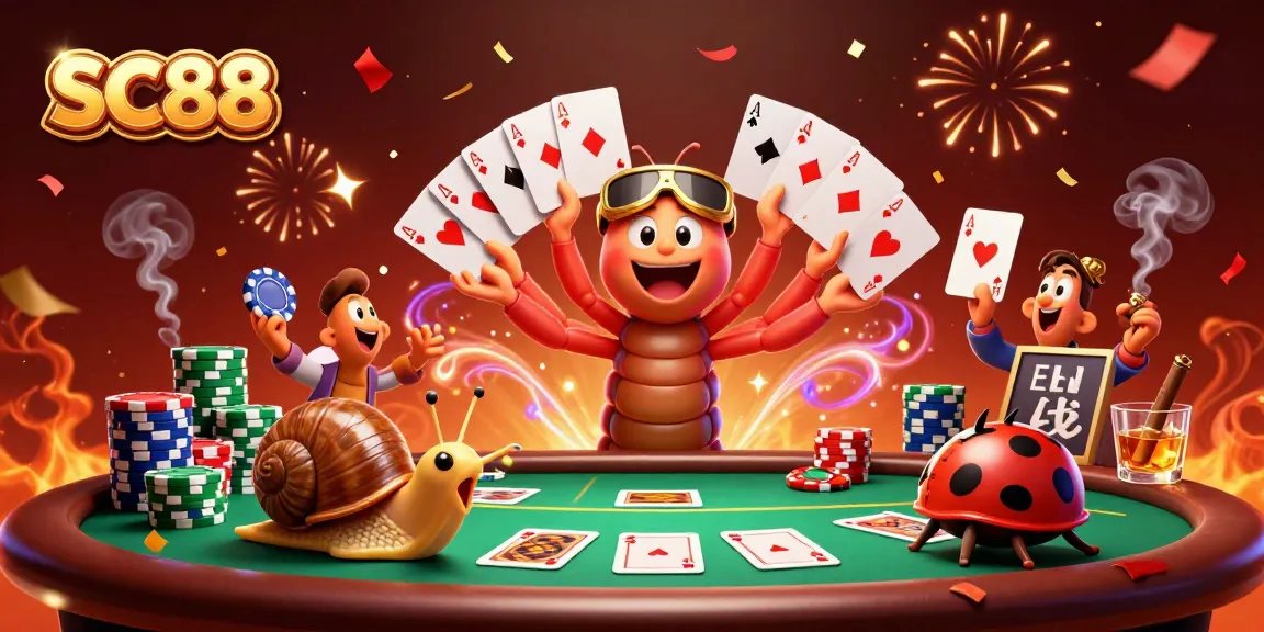 Join the fun at SC88, where a millipede dealer and snail high-roller bring excitement to the poker table!