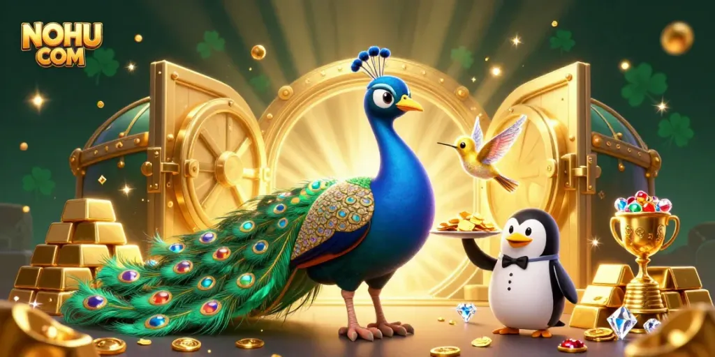 Spin the reels at NOHU COM while surrounded by a vibrant casino scene overflowing with treasures.