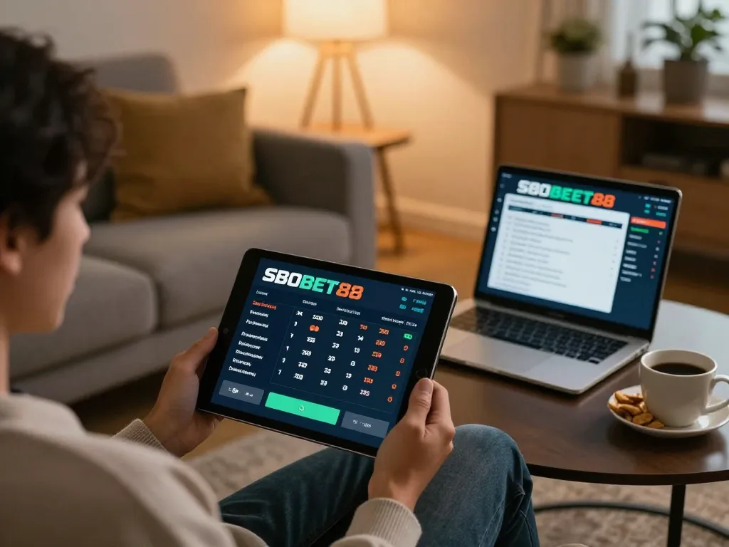Antarmuka taruhan online SBOBET88 ditampilkan di tablet, meningkatkan pengalaman bermain game di rumah yang nyaman.