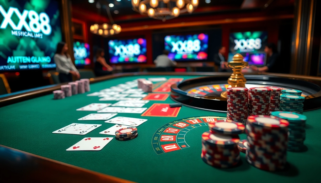 Experience the excitement of XX88 Baccarat with vibrant chips and luxurious casino tables.