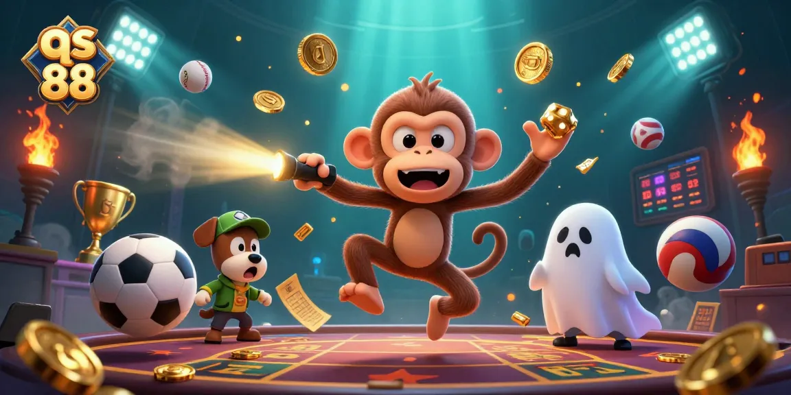 Experience the fun of qs 88 as a playful ghost-hunter puppy tracks a mischievous monkey in a rich casino scene.