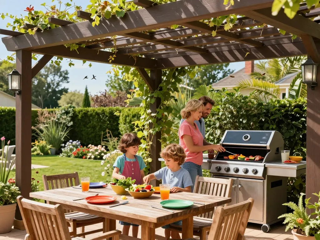 Famiglia che si gode un bellissimo spazio esterno sotto un configuratore pergole con preventivi automatici, con un elegante barbecue e un giardino vibrante.