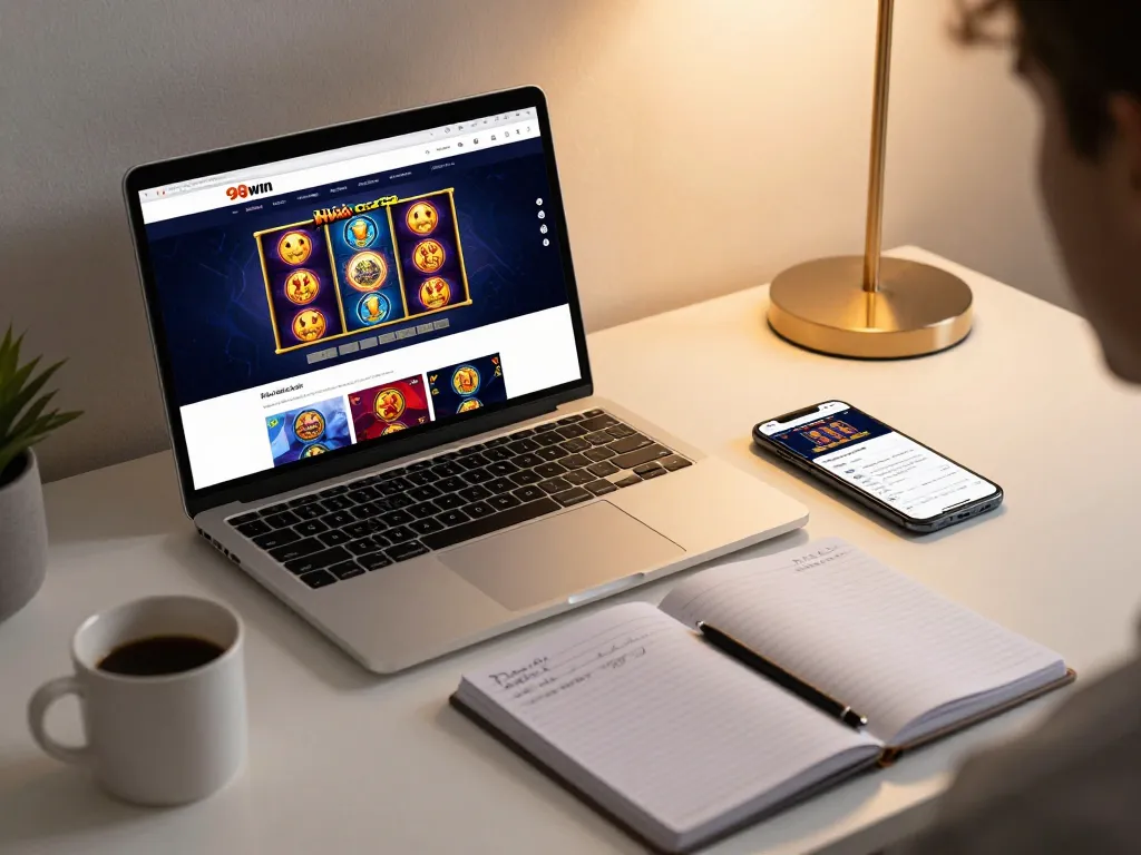 Engaging online gaming experience at nhà cái 98win with vibrant slot games visible on a laptop.