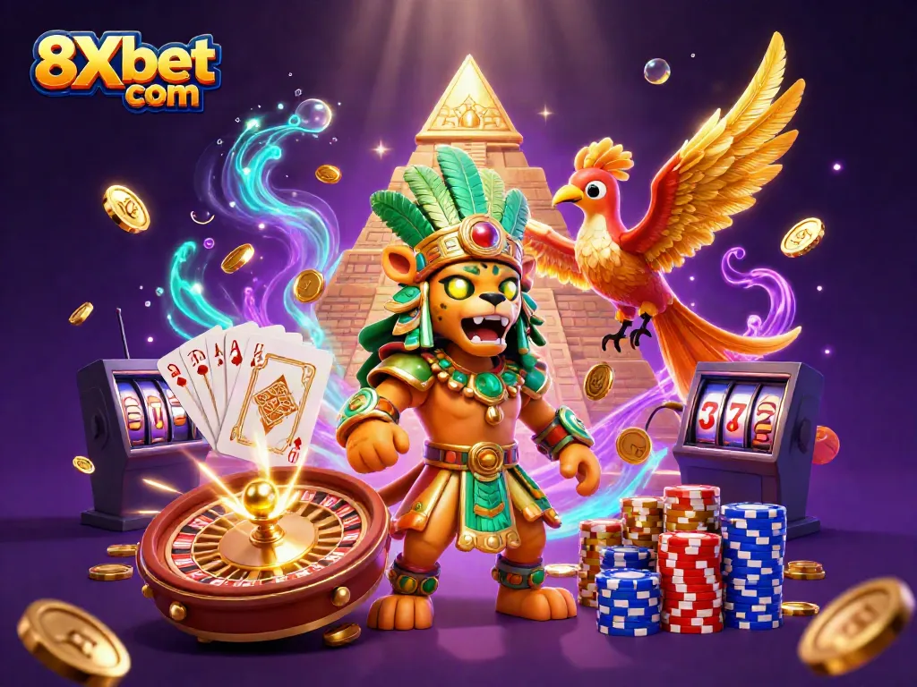 Experience the excitement of 8Xbet com with vibrant casino elements and dynamic characters.