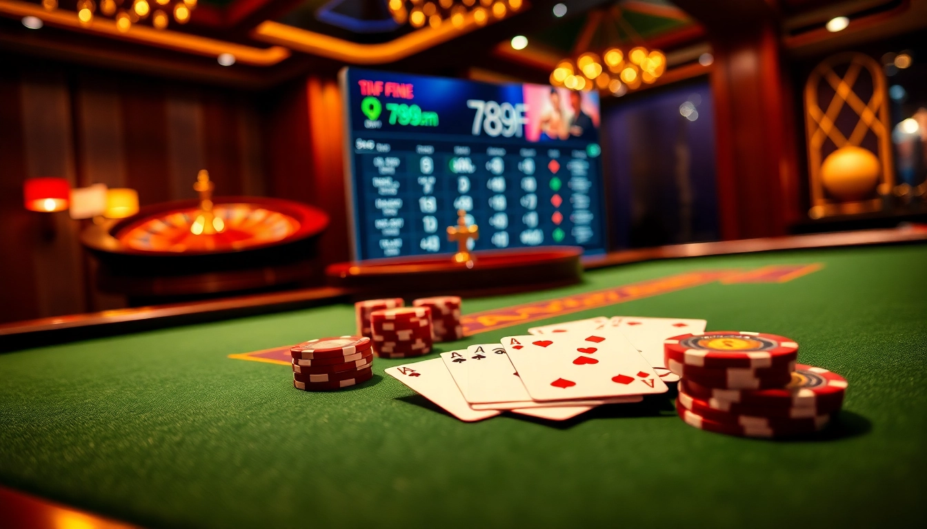 Engage with thrilling online gambling at 789f.com, featuring a poker table and roulette wheel.