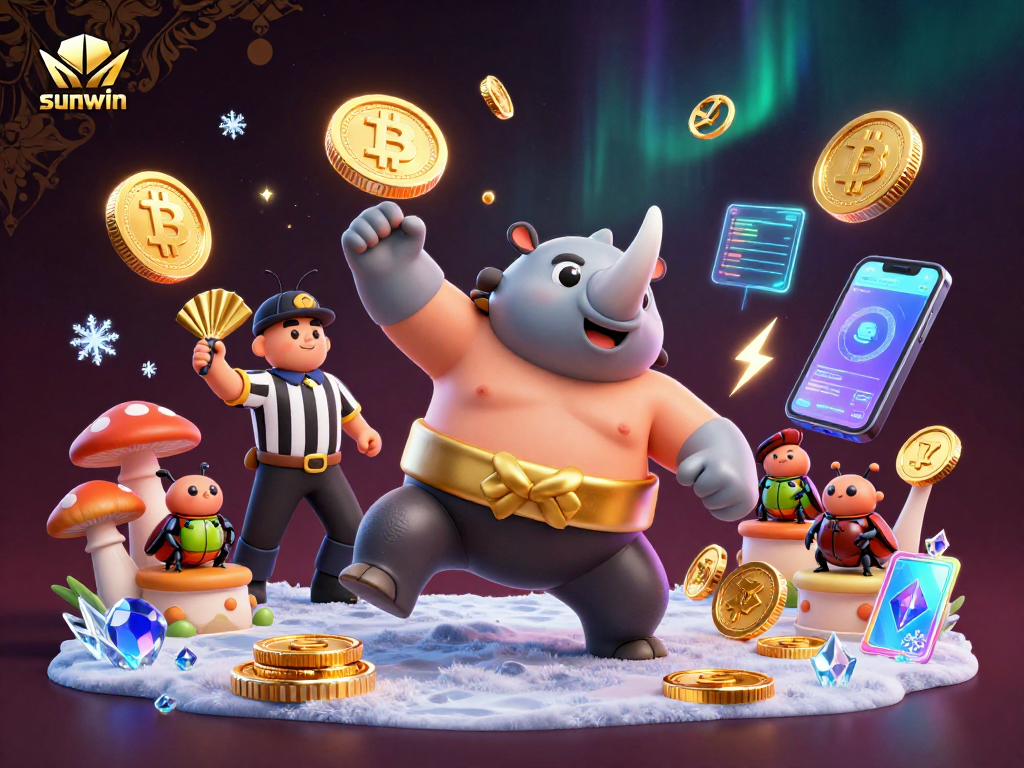 Witness the sunwin champion rhinoceros beetle stomping gold coins at a dynamic casino scene.