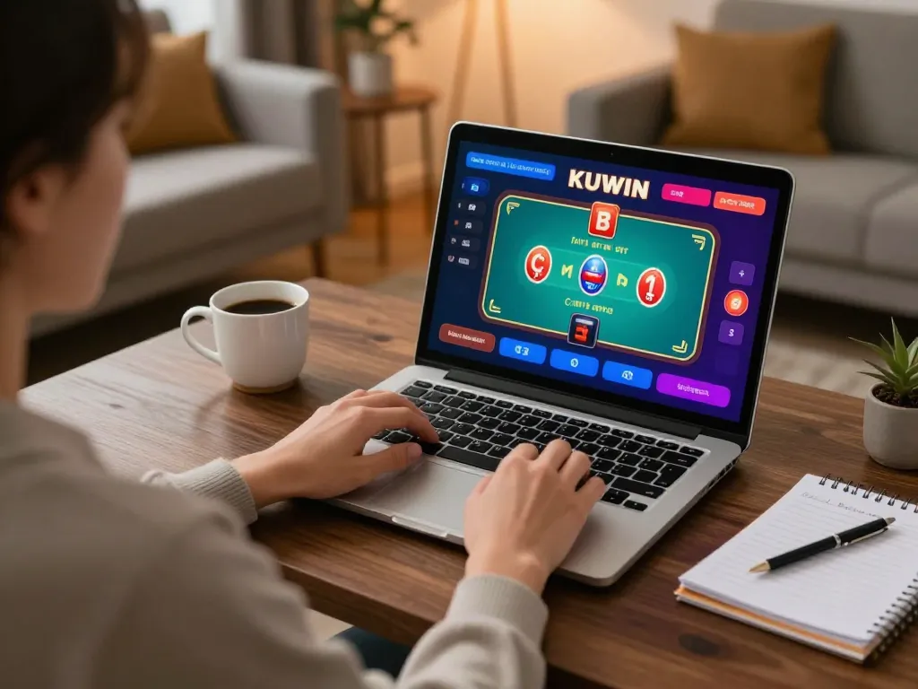 Kuwin player engaging in online poker, enjoying a home gaming experience with cozy ambiance