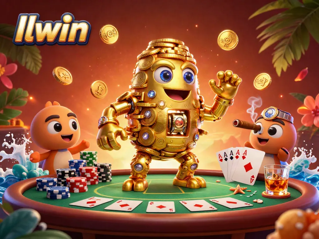 Engage with the vibrant world of llwin, featuring a lively ancient golem amidst poker elements and colorful chips.