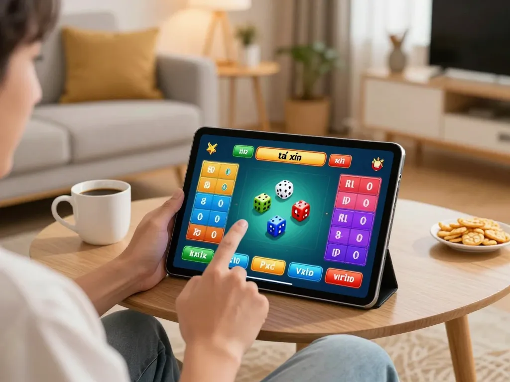 Engaging in tài xỉu online gaming on a tablet in a cozy home environment, emphasizing modern gameplay experience.