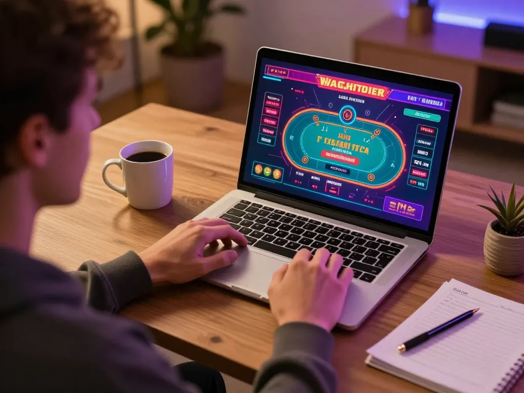 Engaged player at https://net88.wtf/ using a laptop for live dealer casino gaming.