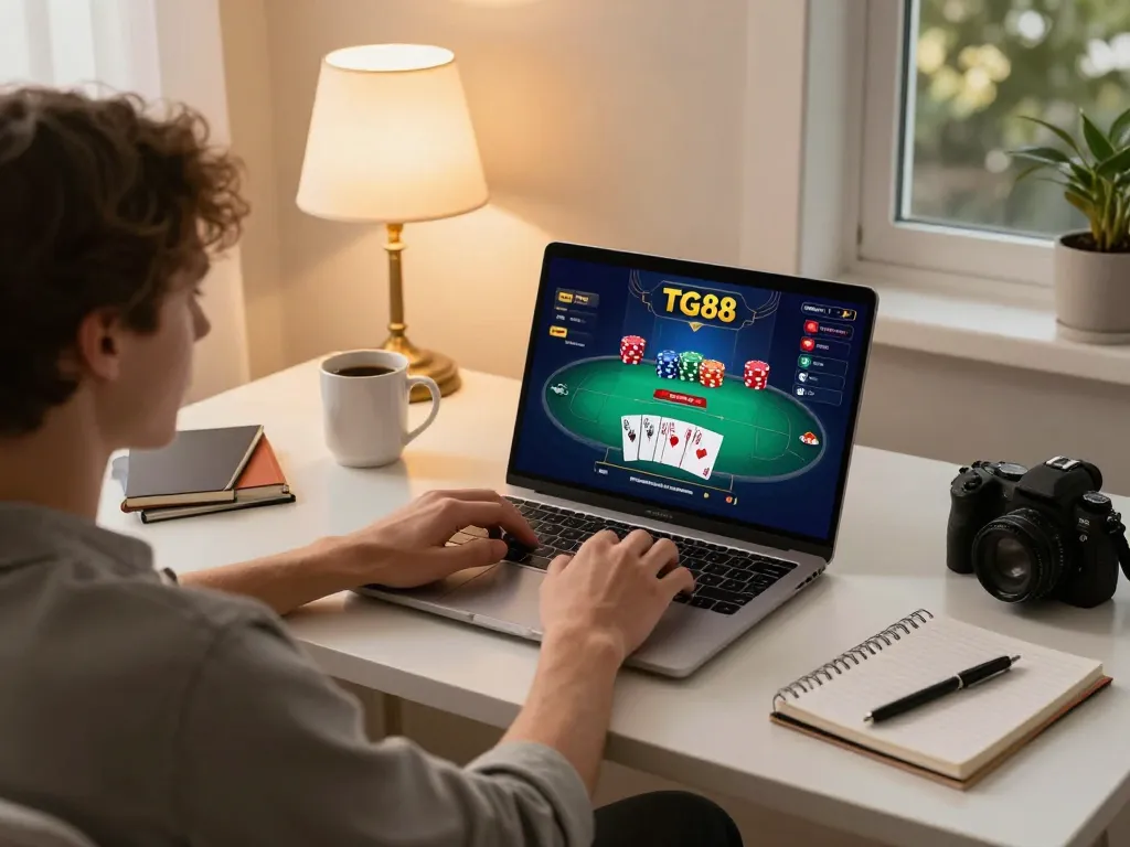 Engaged in online poker gaming at TG887, a player strategizes in a cozy home setup.