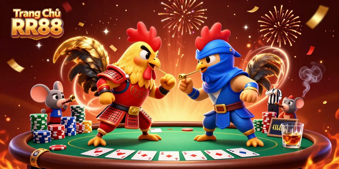 Experience the thrill of Trang Chủ RR88 with fighting roosters and poker elements in a vibrant display.