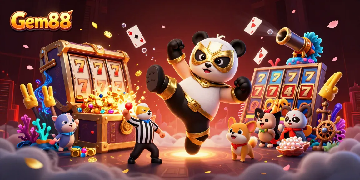 Experience the excitement of Gem88 Casino with vibrant 3D visuals highlighting a panda wrestler and thrilling gaming elements.