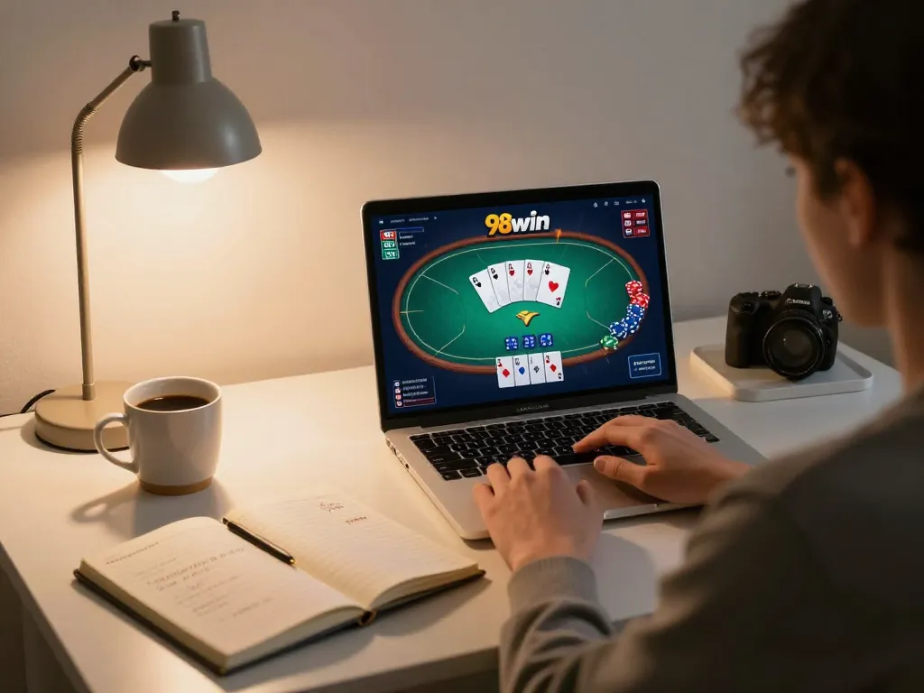 Engaging with online poker on 98win, a cozy home scene featuring a laptop with game interface and betting notes.