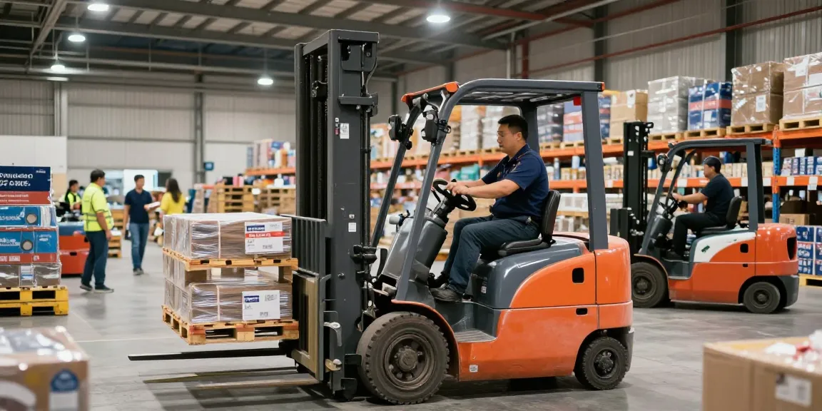 Operator using a lift stacker to efficiently move pallets in a modern warehouse setting.