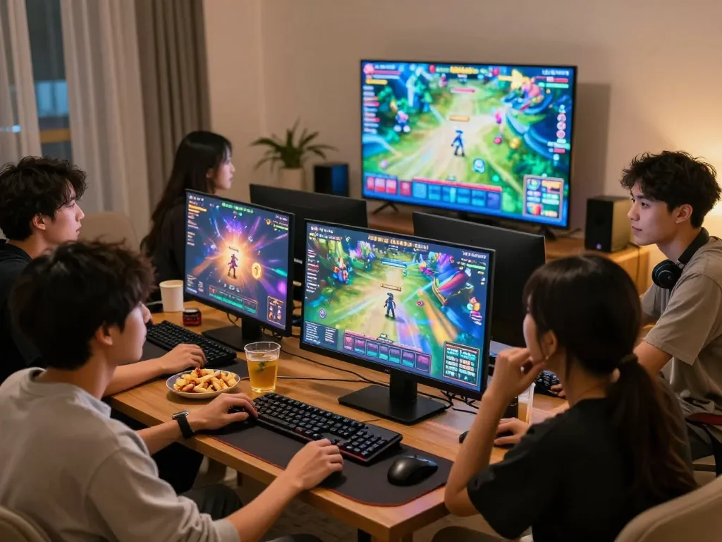 Exciting game nổ hũ scene with friends enjoying an online gaming experience in a lively atmosphere.