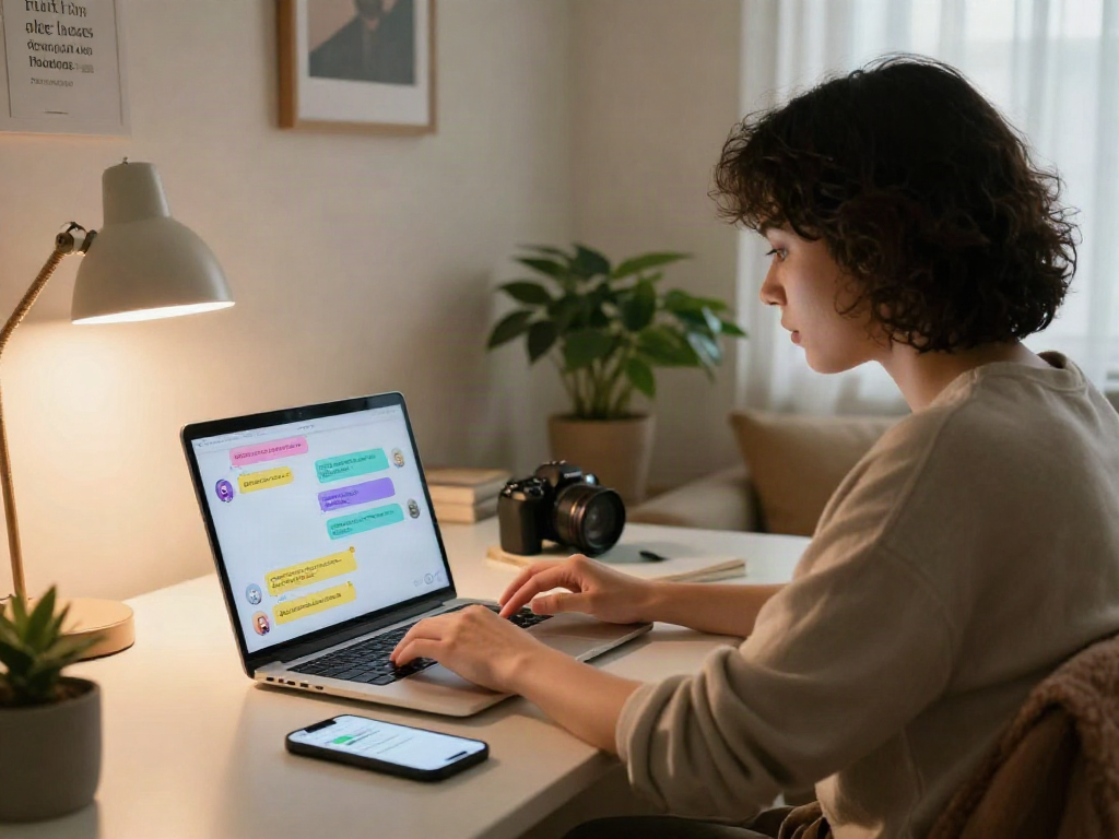 Engaging sexting AI conversations in a cozy home office setting, showcasing modern digital communication.
