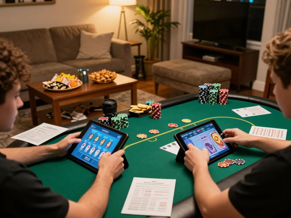 Engaging player enjoying online poker at home with 11Win gaming on tablet, showcasing strategic gameplay