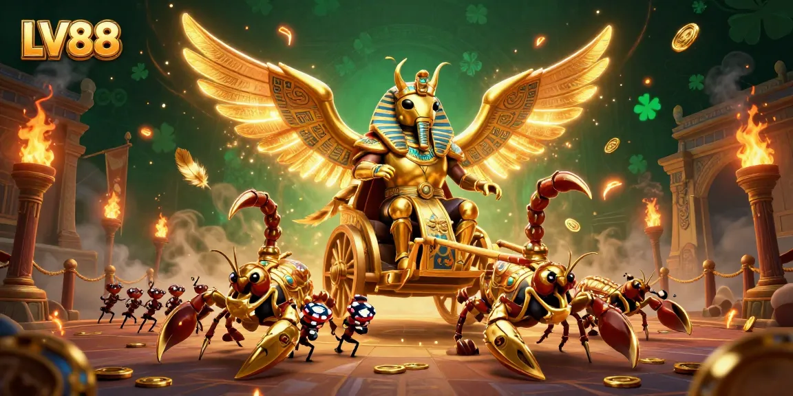Experience the excitement of LV88 with golden scarabs and dynamic casino elements in this vibrant illustration.
