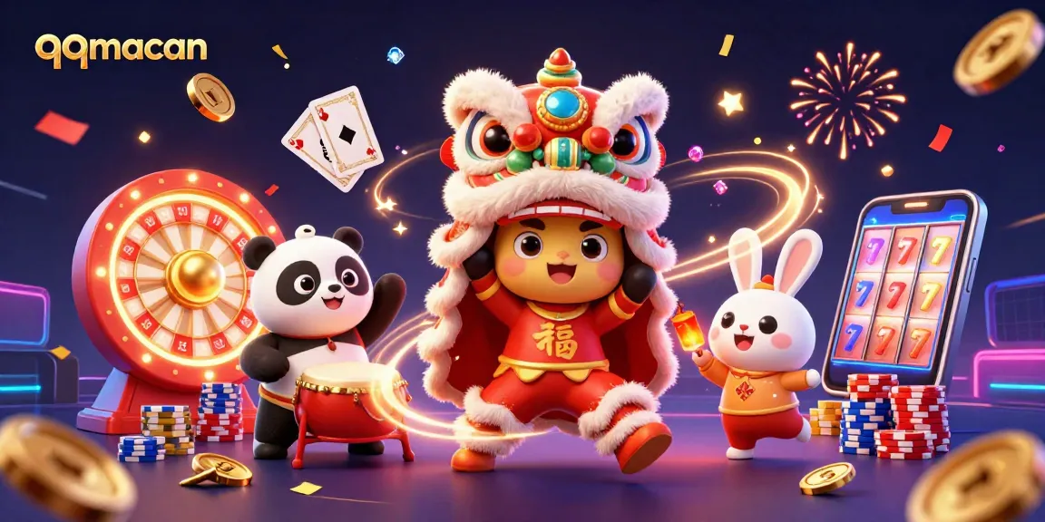 Experience thrilling jackpots with qqmacan illustrated in a vibrant casino scene with lucky symbols and energetic characters.
