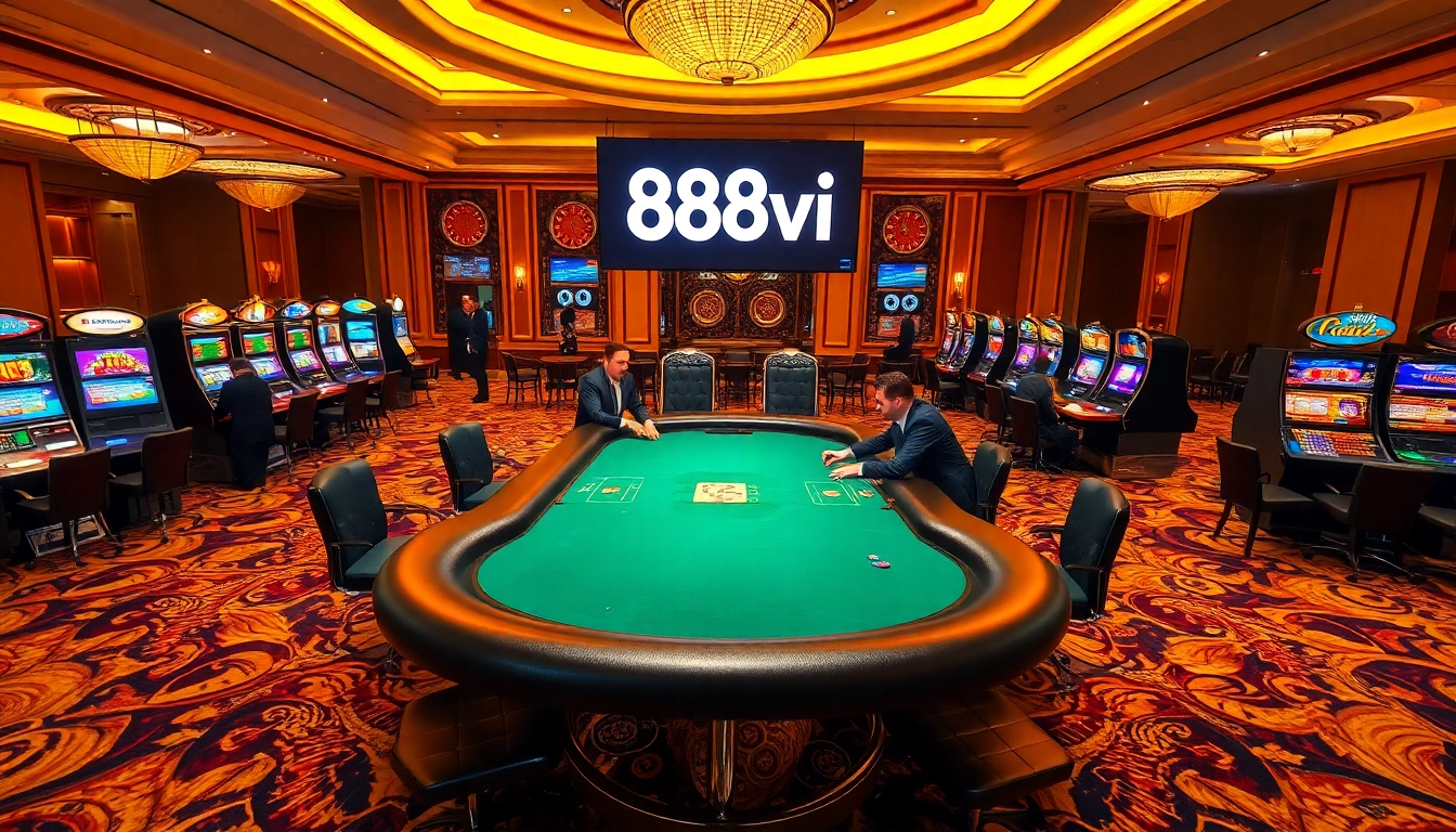 Players enjoying a thrilling poker game at 888vi's premium casino table amidst vibrant slot machines.