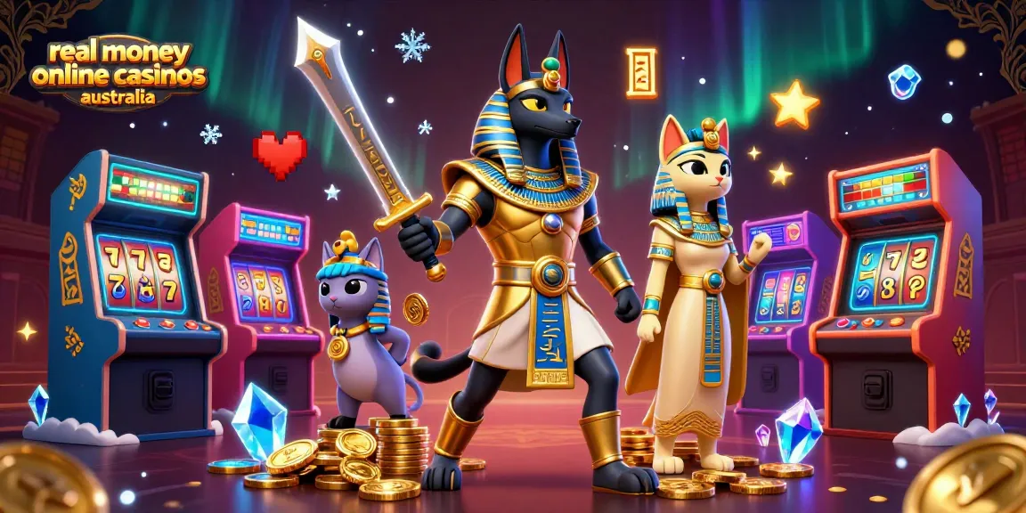 Engage with real money online casinos Australia, featuring Anubis and Bastet amidst slot and game elements.