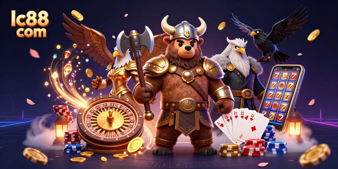 Engaging in vibrant gaming dynamics at lc88 com with a Viking bear, Valkyrie eagle, and casino elements.
