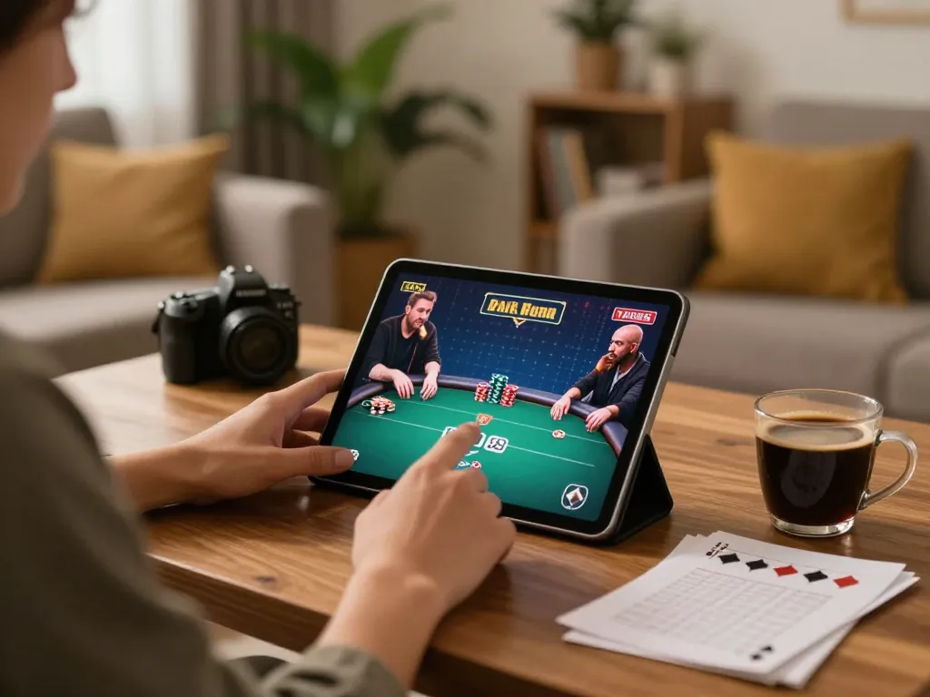 Player enjoying jun888 online casino on tablet in a cozy living room with strategy notes.