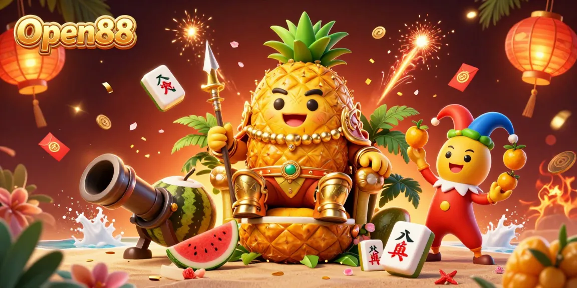 Experience thrilling wins at Open88's vibrant casino illustrated with a golden pineapple king and colorful gaming elements.