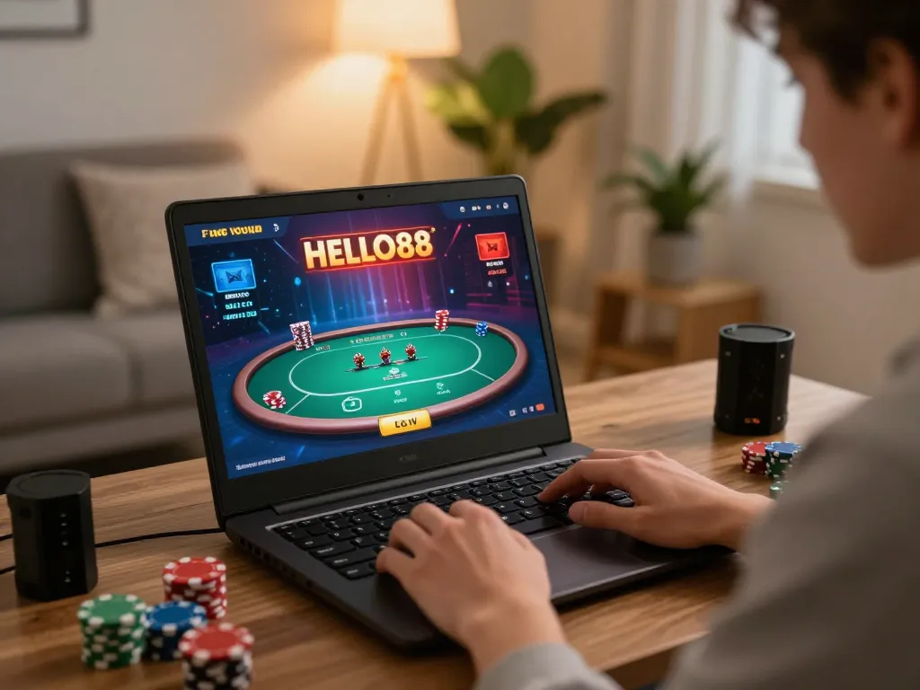 Engaged player strategizing in HELLO88 online poker game at home.