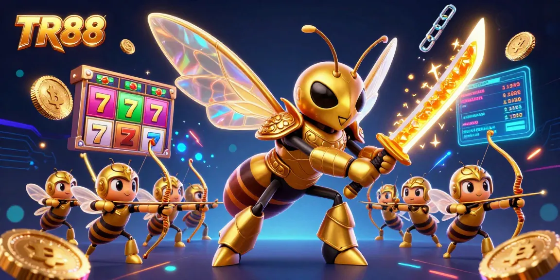 Engage with TR88 in a vibrant casino illustration featuring samurai-themed bee warriors and dynamic slot game elements.