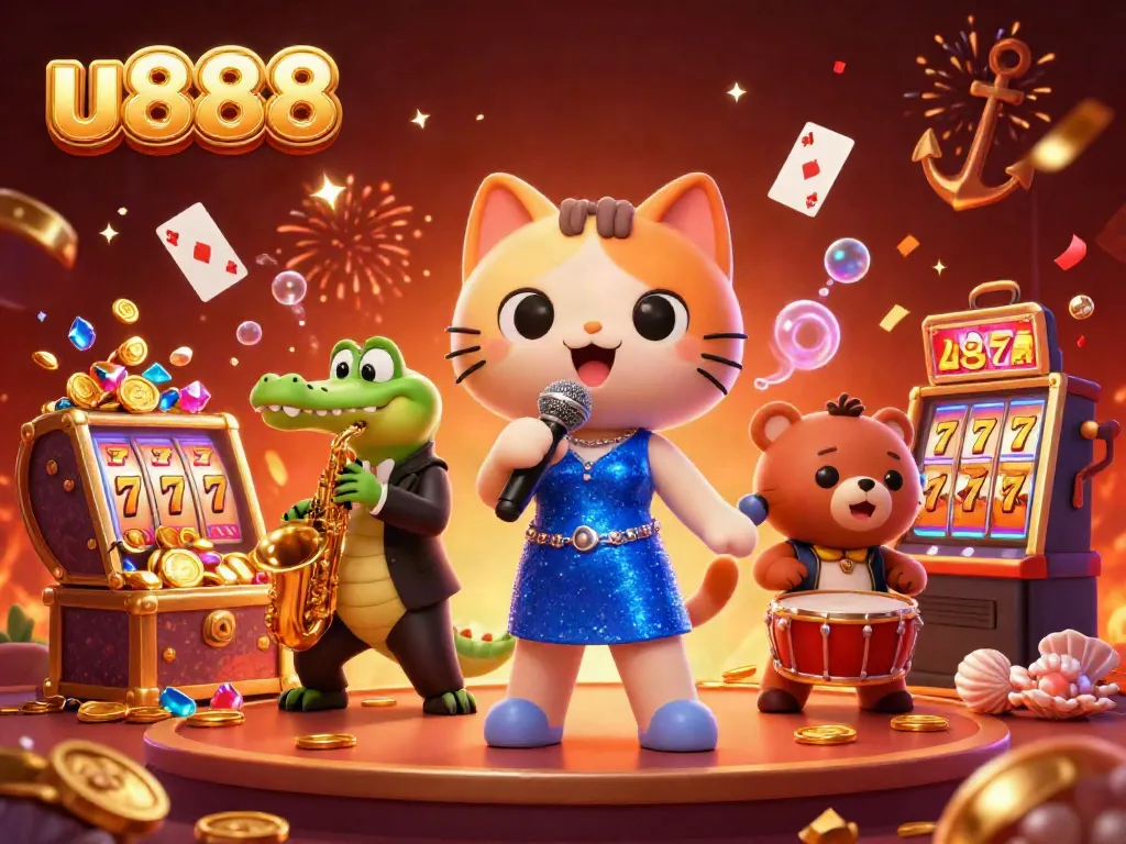 Experience the excitement of u888 with vibrant characters amidst casino games and treasures.