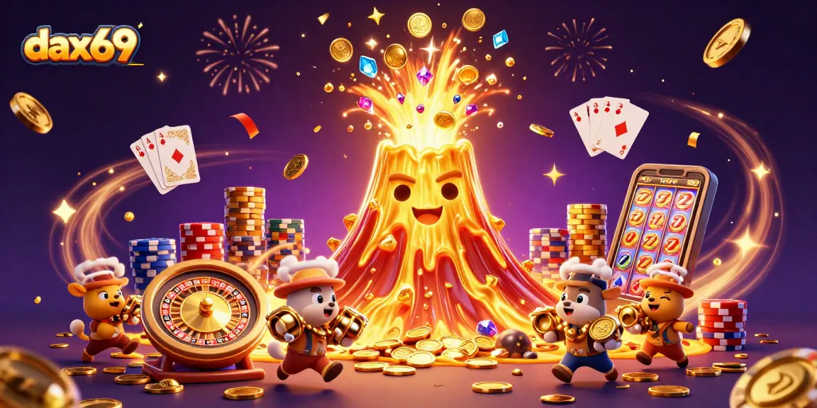 Dax69 mempresentasikan perlombaan jackpot dengan makhluk lucu dan gunung emas, menghasilkan nuansa keseruan dalam permainan slot.