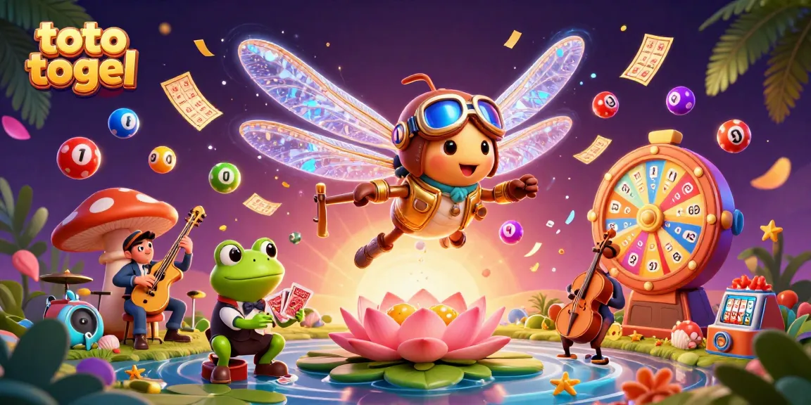 Engage with the thrilling toto togel experience through a vibrant 3D illustration featuring a whimsical dragonfly pilot and frog dealer.