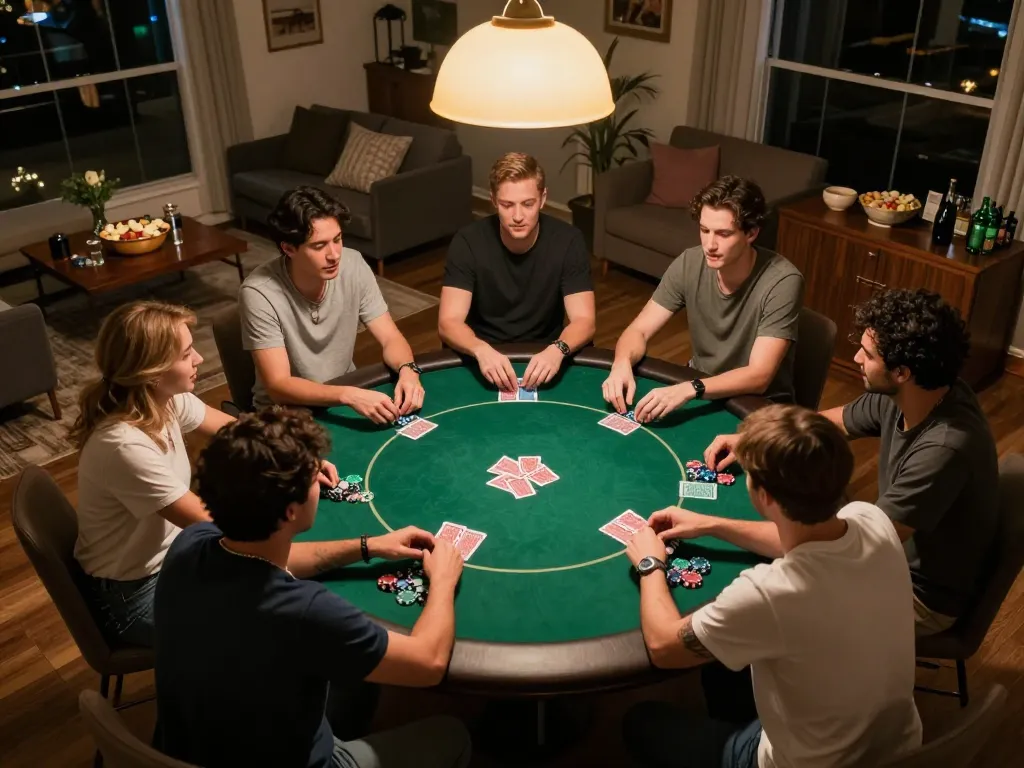 Engaged players enjoying a poker game at home, featuring the link vào Net88 for easy access to online gaming.
