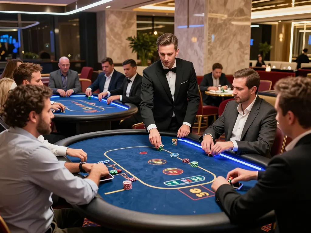 Players enjoying high-stakes poker at oxbet dubai's luxurious casino lounge during a vibrant evening