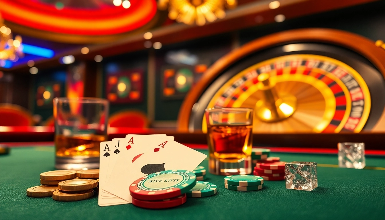 A vibrant BJ88 casino scene featuring a stylish gambling table with poker chips and cards in play.