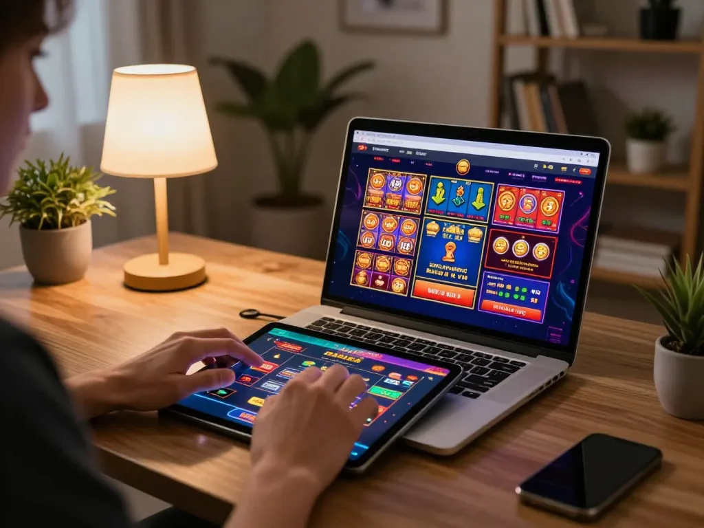 Engaged player exploring Trang chủ UU88 on a laptop for online casino games.