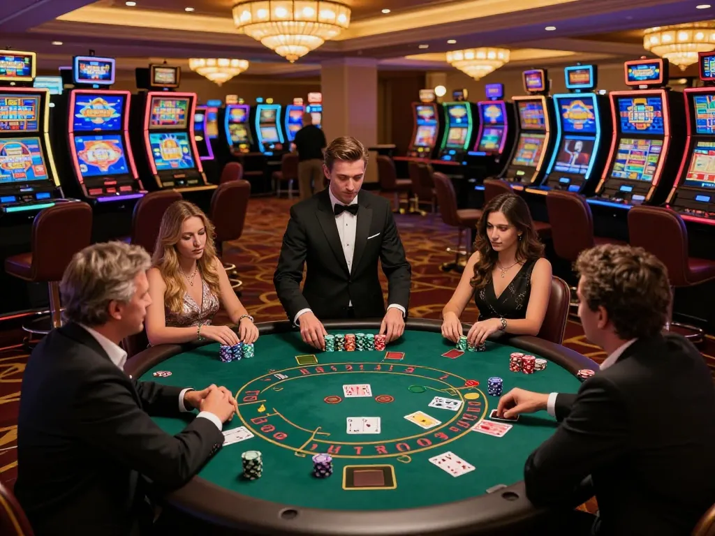 Players enjoying a thrilling game of blackjack at DA88 casino table, showcasing vibrant chips and expert dealer.