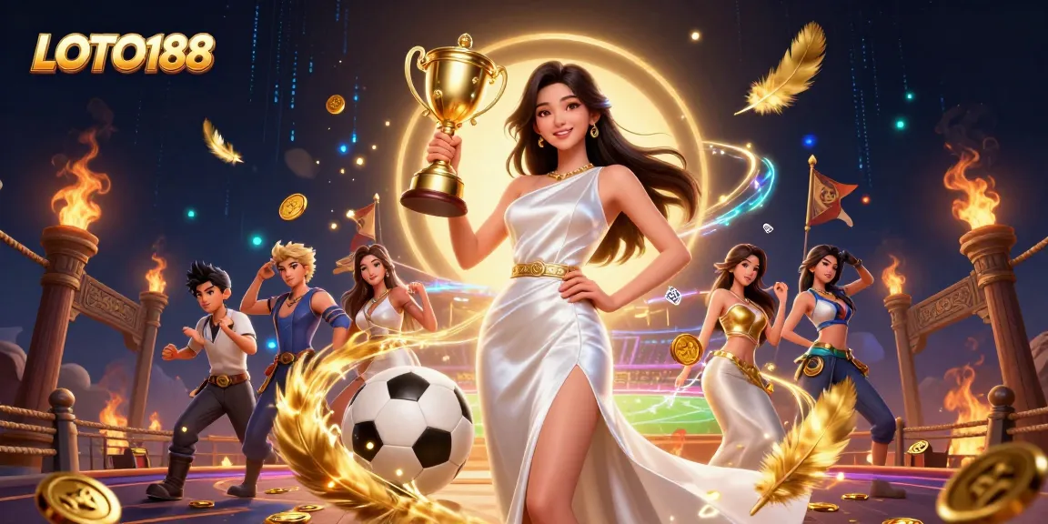Experience exciting wins at LOTO188 with a victorious Asian woman holding a trophy in a vibrant casino atmosphere.