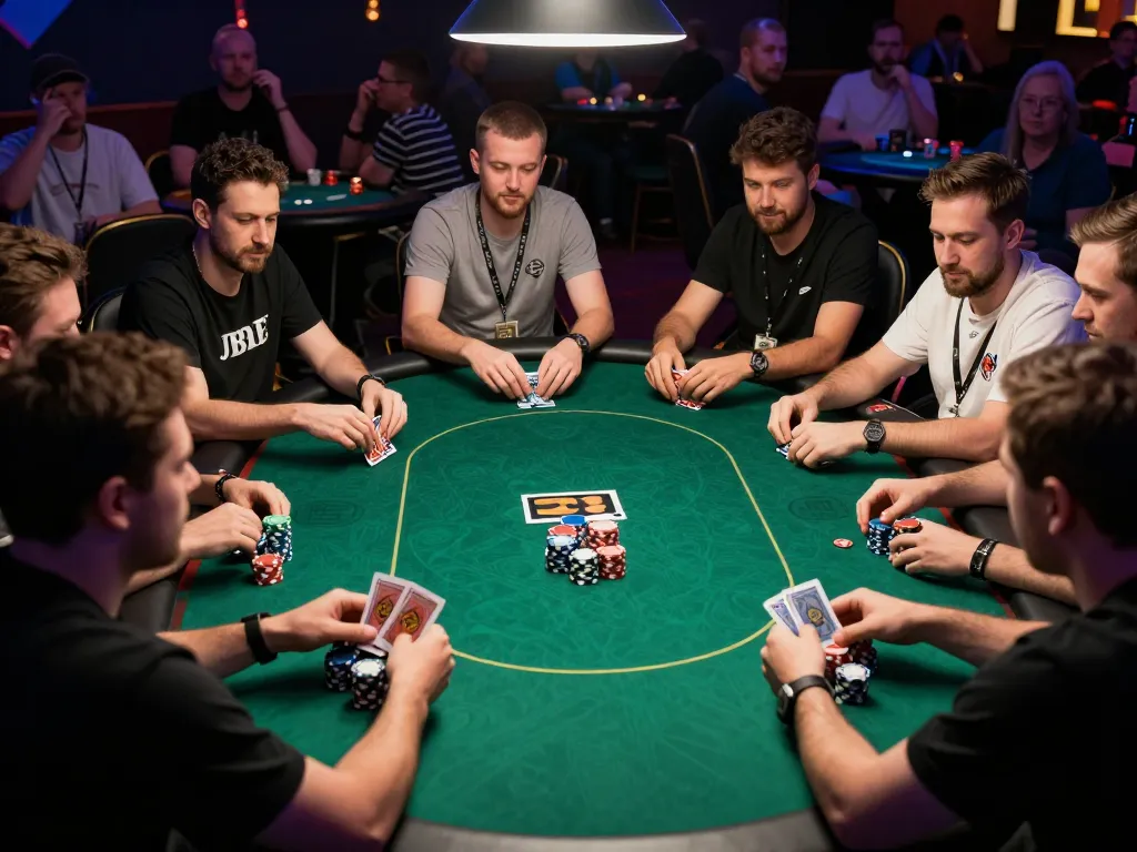 Exciting poker tournament at Nhà cái J88, showcasing players strategizing over colorful chips and cards.