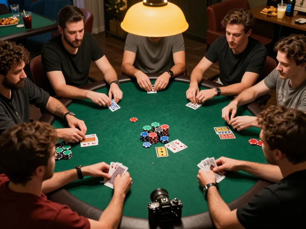 Friends enjoying an engaging poker game at home, showcasing hm88 gameplay with colorful chips and cards on the table.